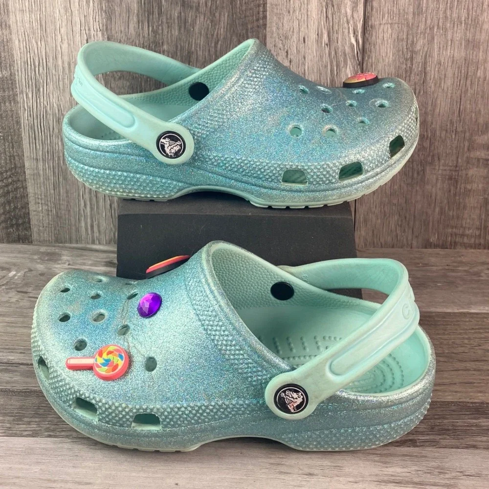 Crocs Classic Glitter Clog Aqua Blue Sparkle Kids Junior Size J1 Jibbitz Charms